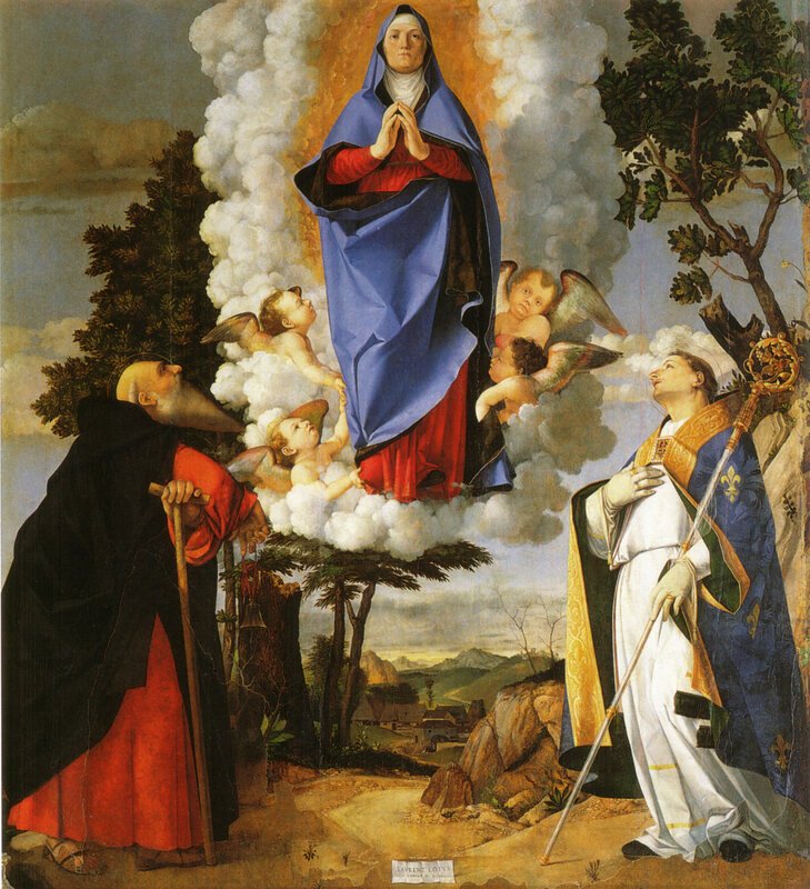  Lorenzo Lotto Assumption of the Virgin with Saints Anthony Abbot and Louis of Toulouse 1506.jpg. 