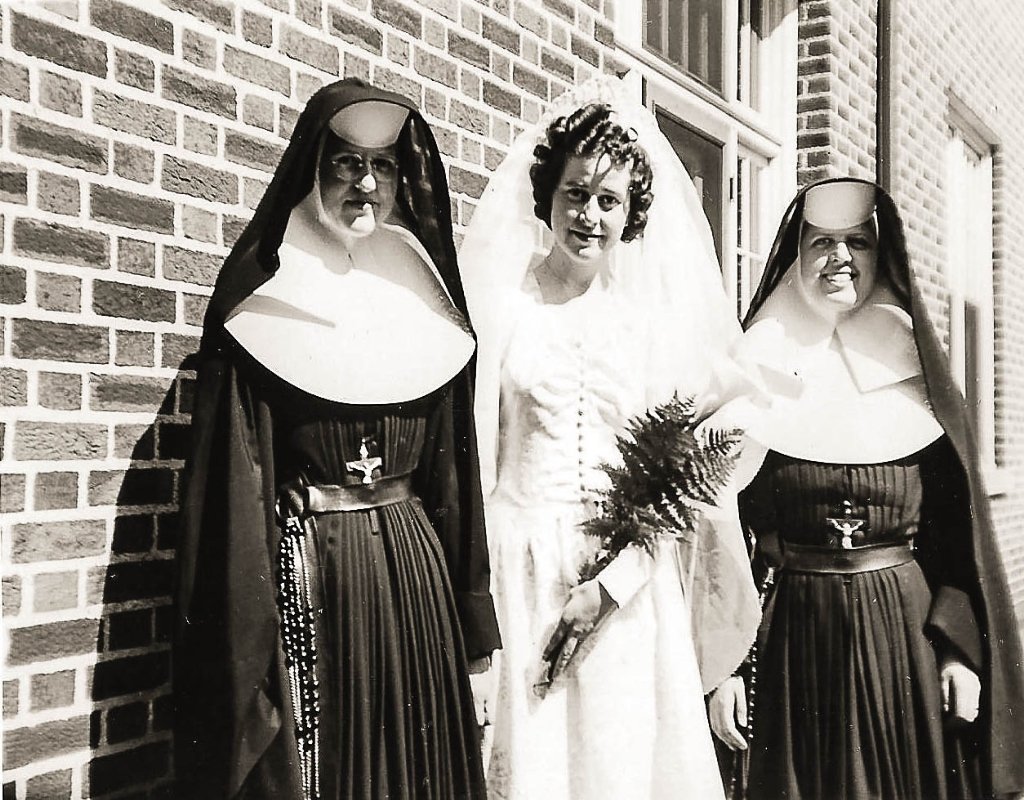  Sister Mary Anita on the left. Sister Mercedes (center). Sister Mary Ann is on the right. Agnes (center) became Mercedes  sister on a spring day in 1945..jpg. 